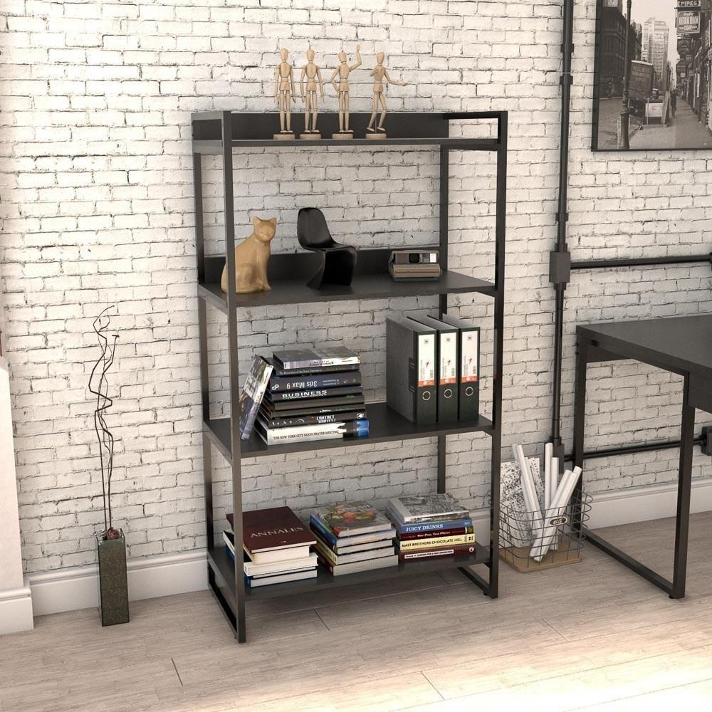 Estante Livreiro Multiuso Prisma Estilo Industrial 80cm 4 Prateleiras C08 Preto Onix - Mpozenato - 4