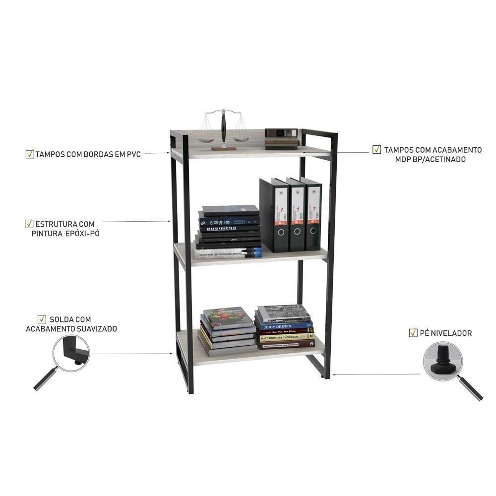 Estante Livreiro Multiuso Prisma Estilo Industrial 60cm 3 Prateleiras C08 Snow - Mpozenato - 4