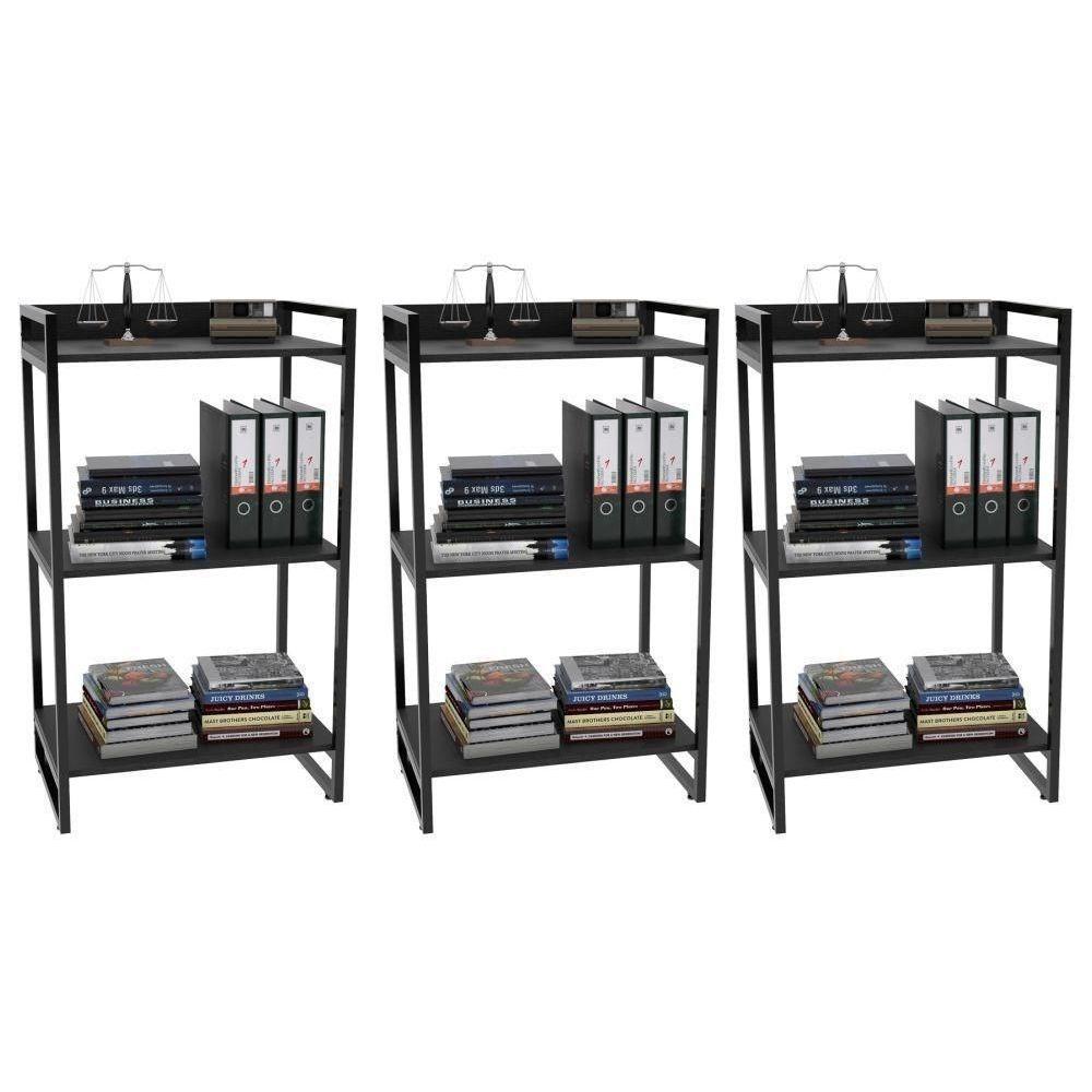 Kit 3 Estantes Livreiro Multi Prisma 60Cm 3 Prateleiras Preto Onix - 1