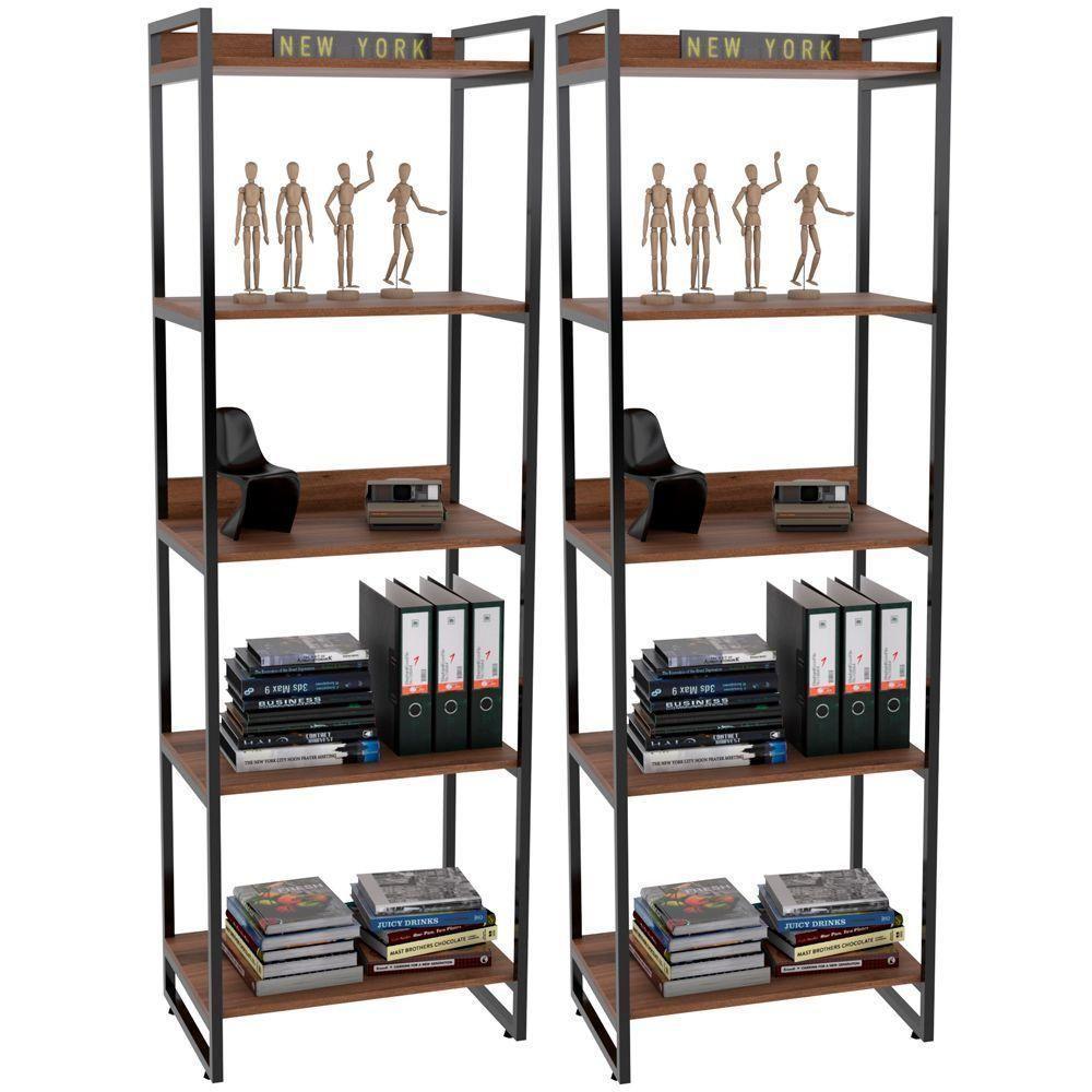 Kit 02 Estantes Com 5 Prateleiras Escritório Estilo Industrial Form C01 187X60 Cm Nogal - 1