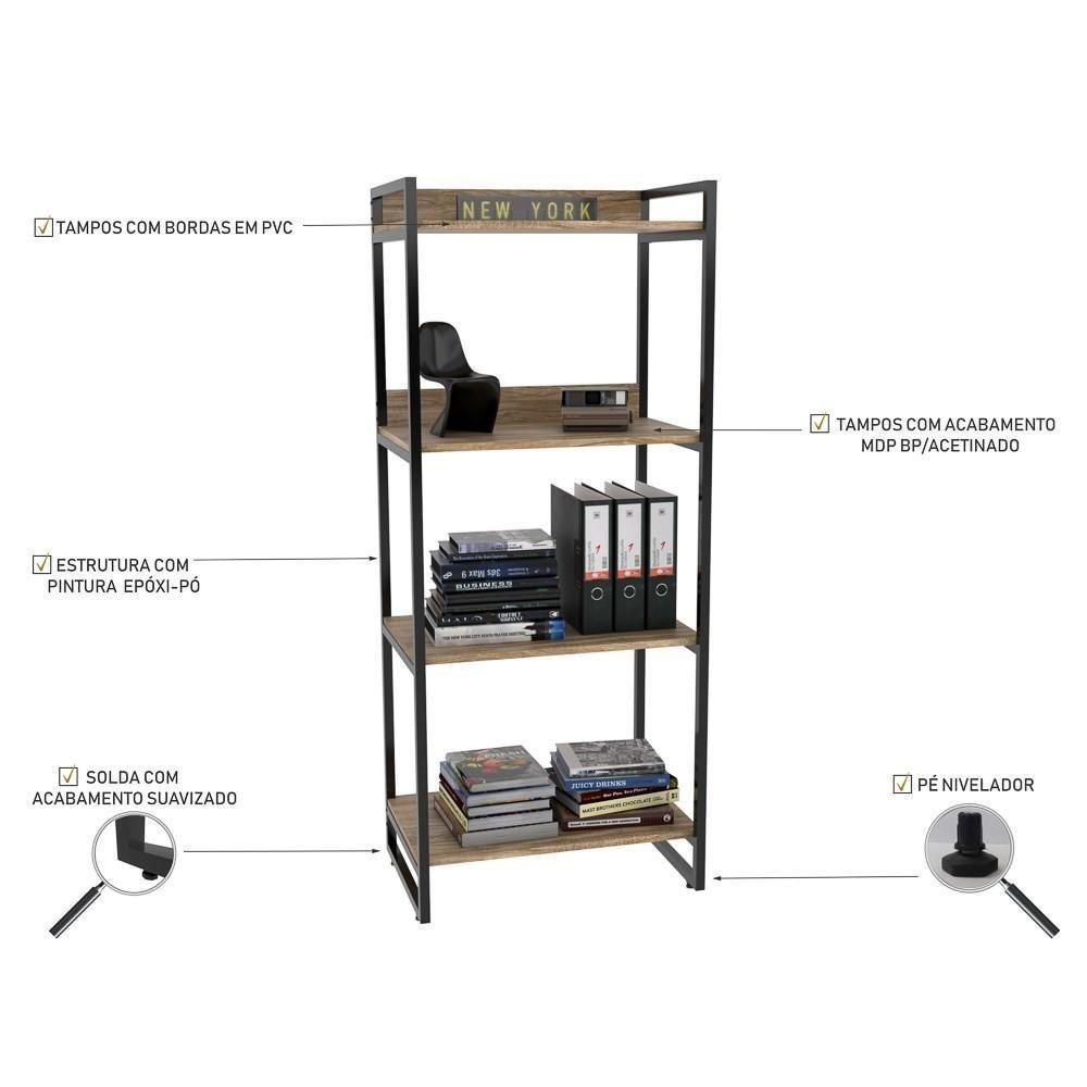 Estante Livreiro Multi Prisma Estilo Industrial 60cm 4 Prateleiras C08 Carvalho - Mpozenato - 4