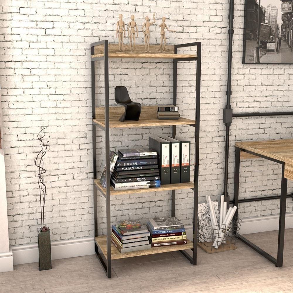 Estante Livreiro Multi Prisma Estilo Industrial 60cm 4 Prateleiras C08 Carvalho - Mpozenato - 5