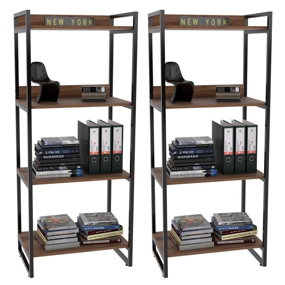 Kit 2 Estante Livreiro Prisma Estilo Industrial 60Cm 4 Prateleiras C08 Nogal - Mpozenato - 1