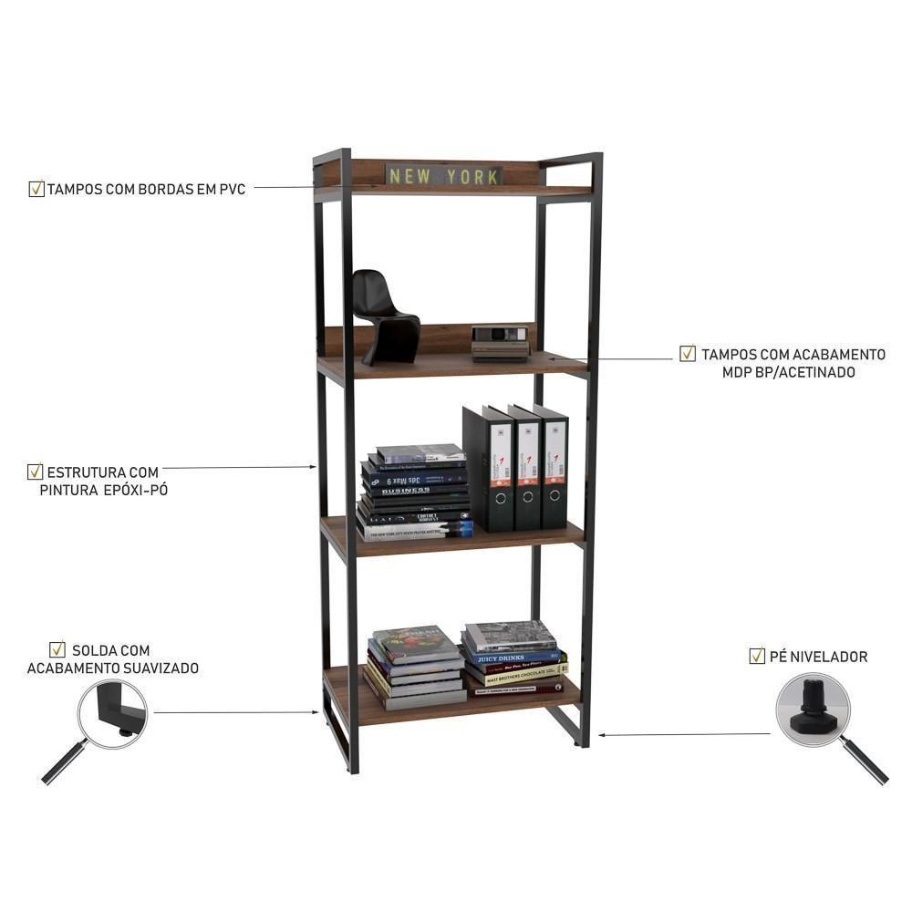 Kit 2 Estante Livreiro Prisma Estilo Industrial 60Cm 4 Prateleiras C08 Nogal - Mpozenato - 4