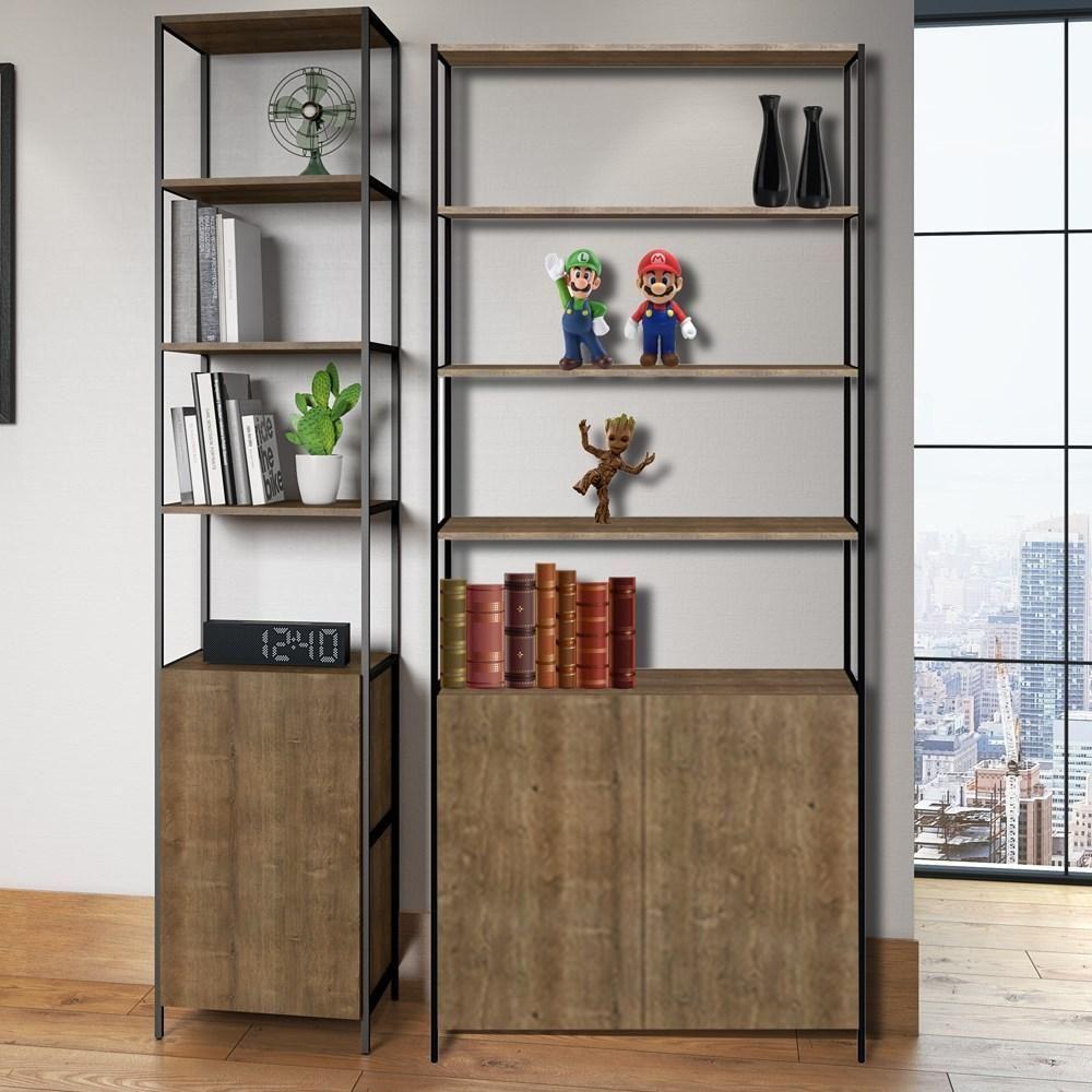 Kit 2 Estantes Livreiros Estilo Industrial Steel Quadra Vermont Base Preto - Artesano - 5