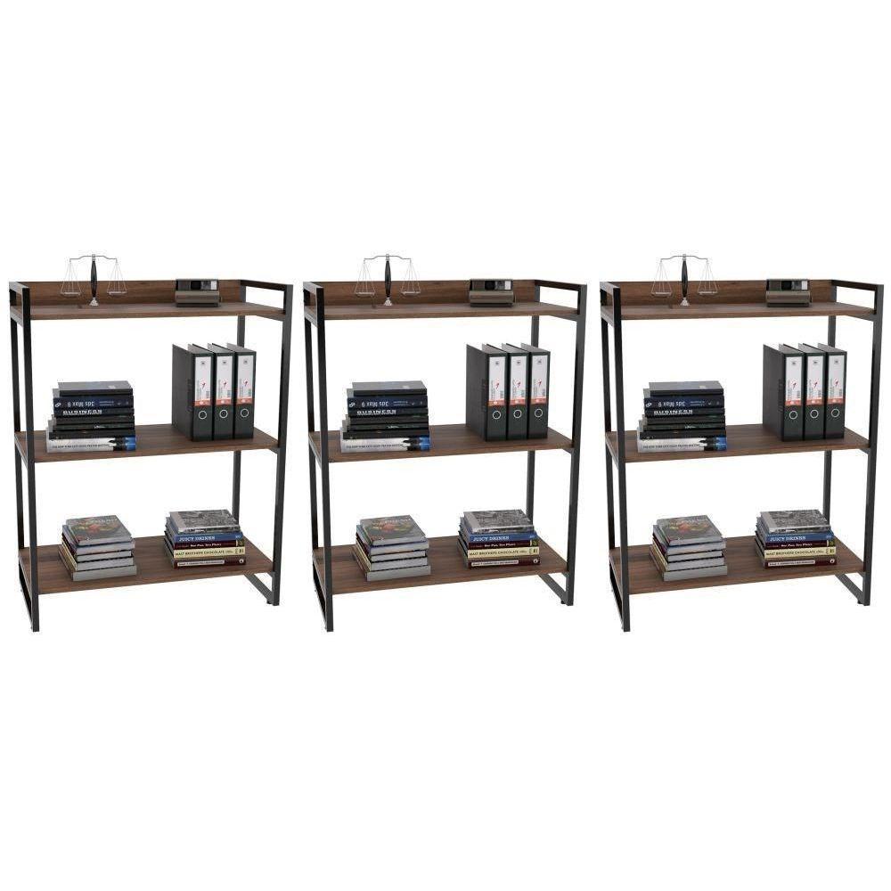 Kit 3 Estantes Livreiro Multi Prisma Estilo Industrial 80Cm 3 Prateleiras C08 Nogal - Mpozenato - 1