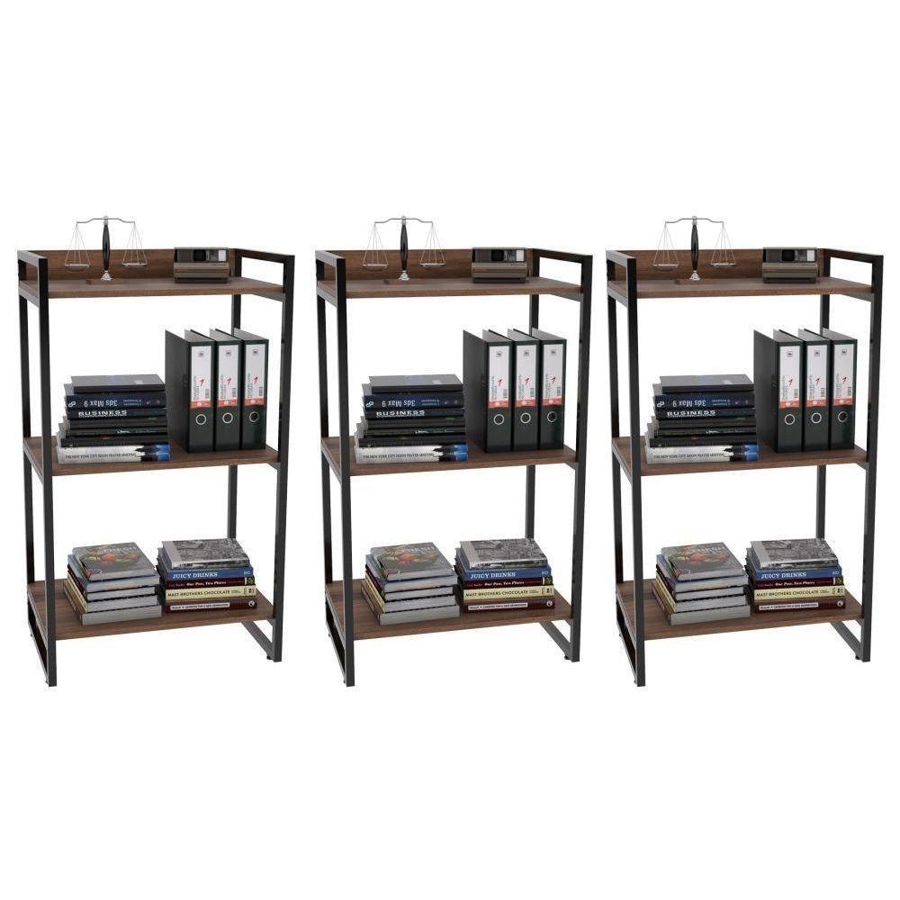 Kit 3 Estantes Livreiro Multi Prisma Estilo Industrial 60Cm 3 Prateleiras C08 Nogal - Mpozenato - 1