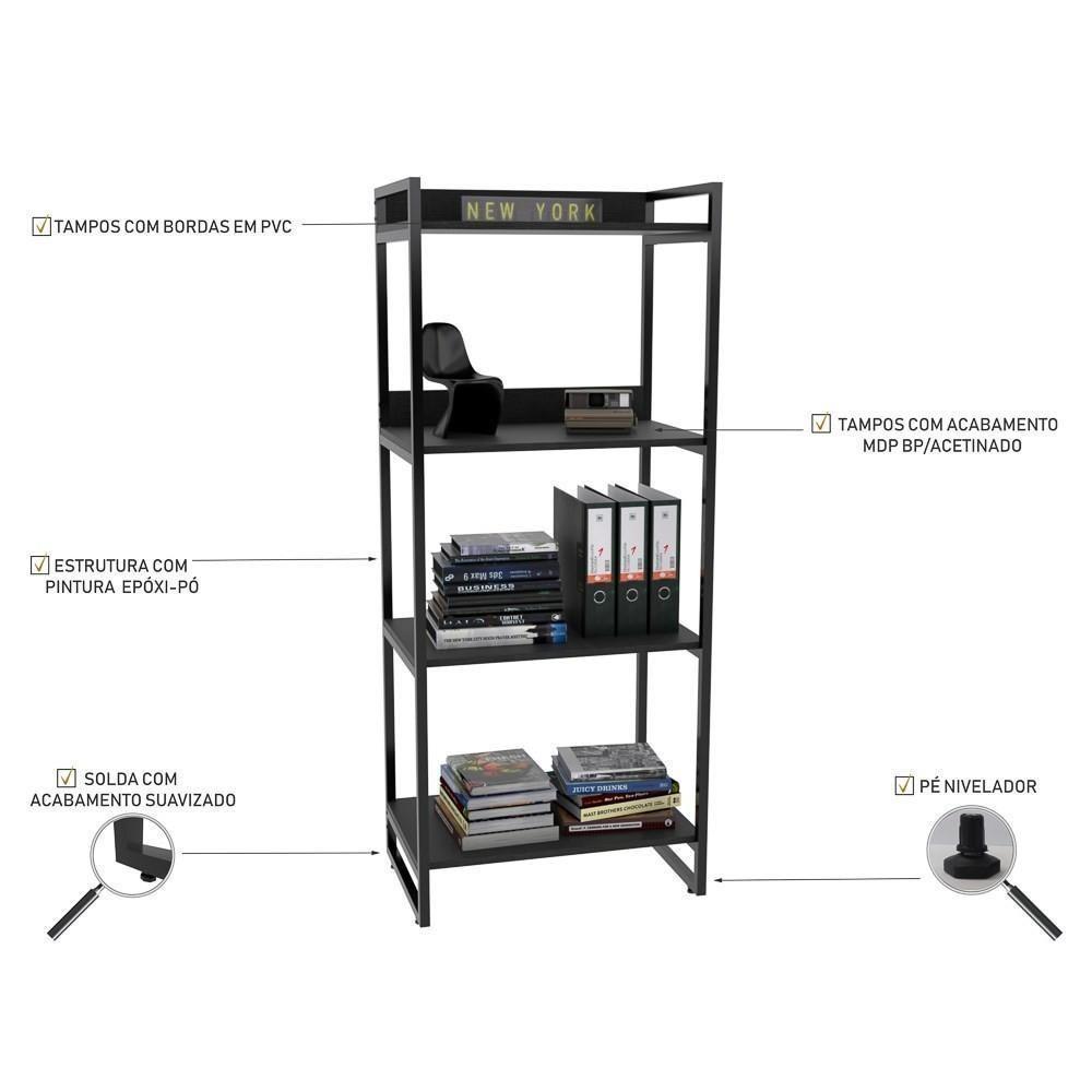 Kit 2 Estante Livreiro Multiuso Prisma 60Cm 4 Prateleiras Preto Onix - 5
