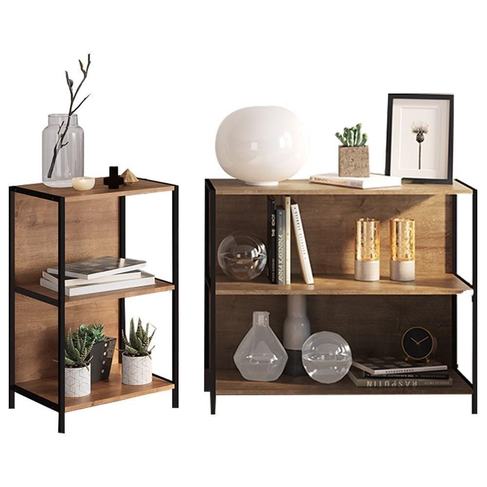 Kit 2 Estantes Livreiros Estilo Industrial Steel Quadra Vermont Base Preto - Artesano - 1