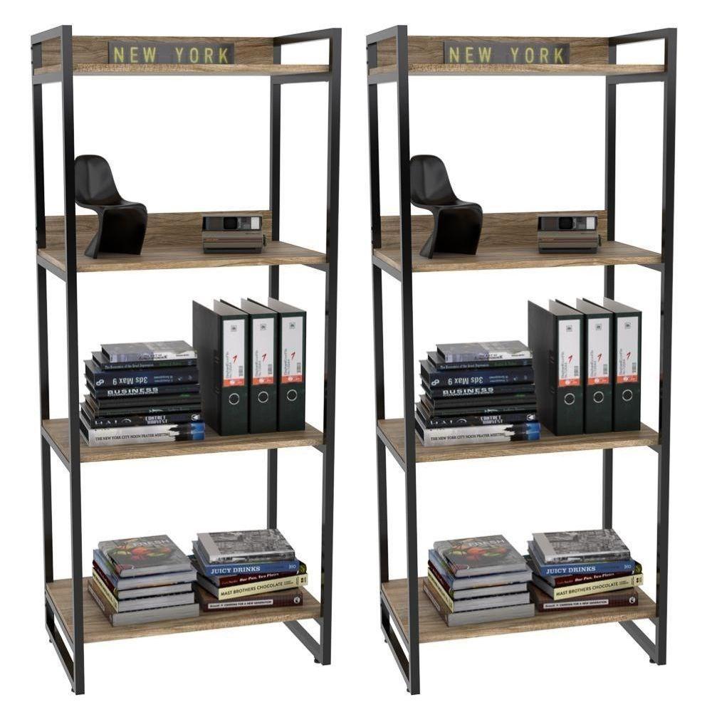 Kit 2 Estante Livreiro Prisma Estilo Industrial 60Cm 4 Prateleiras C08 Carvalho - Mpozenato - 1