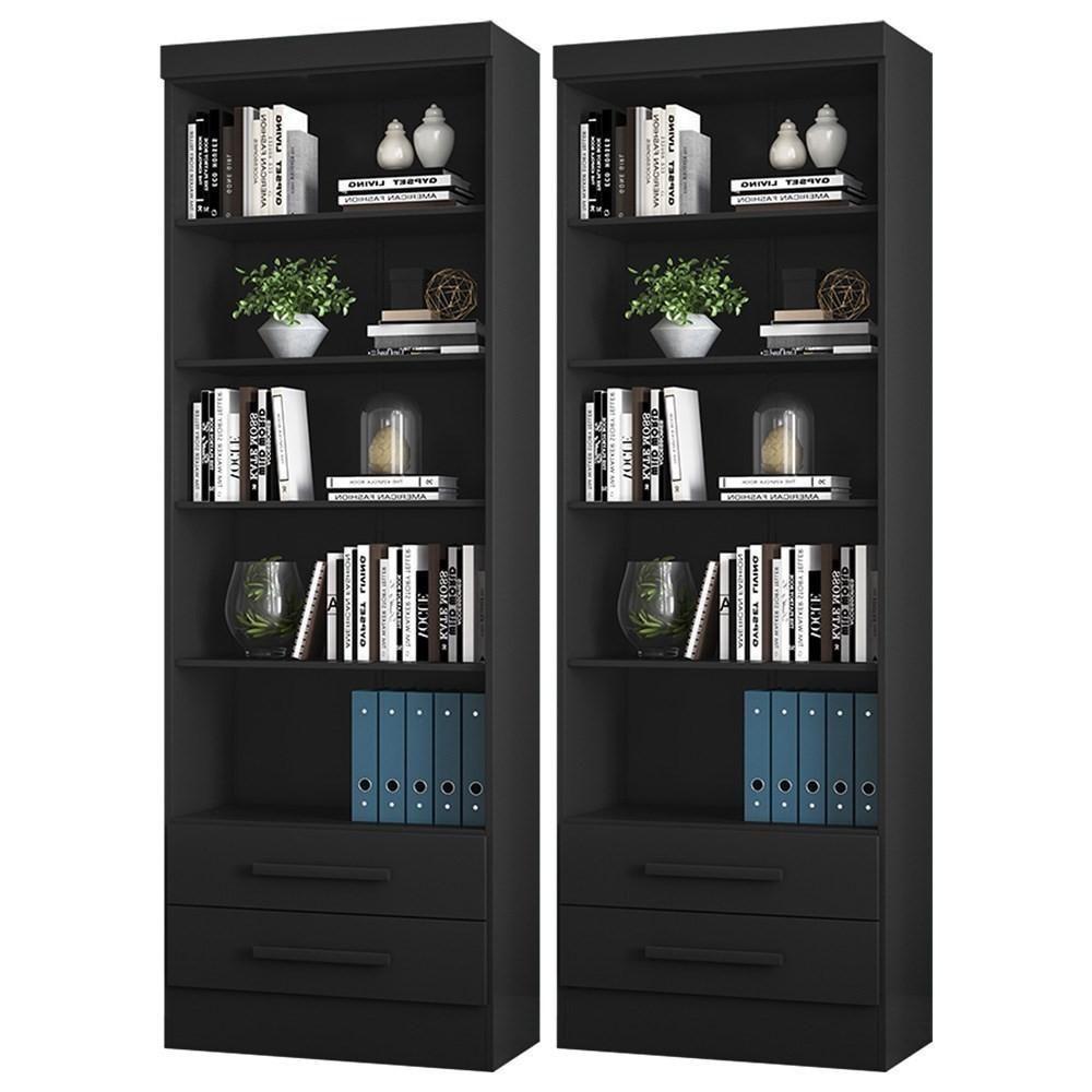 Kit 2 Estantes Livreiro 2 Gavetas E 5 Prateleiras Fancy Q01 Preto Fosco - 1