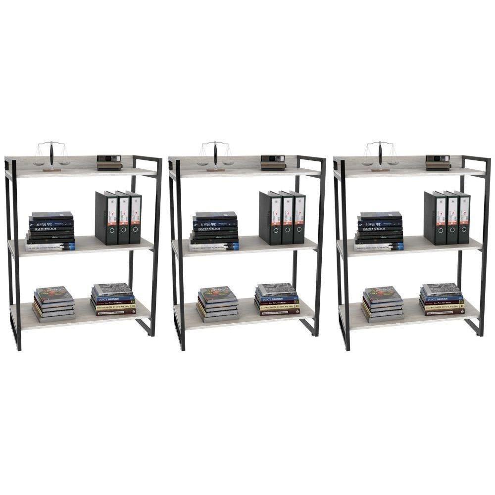 Kit 3 Estantes Livreiro Multiuso Prisma Estilo Industrial 80Cm 3 Prateleiras C08 Snow - Mpozenato - 1