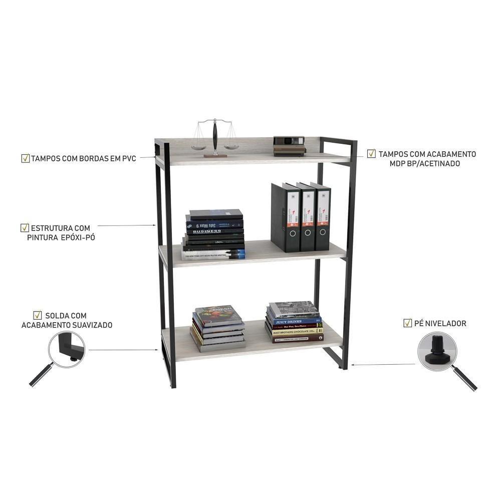 Kit 3 Estantes Livreiro Multiuso Prisma Estilo Industrial 80Cm 3 Prateleiras C08 Snow - Mpozenato - 4