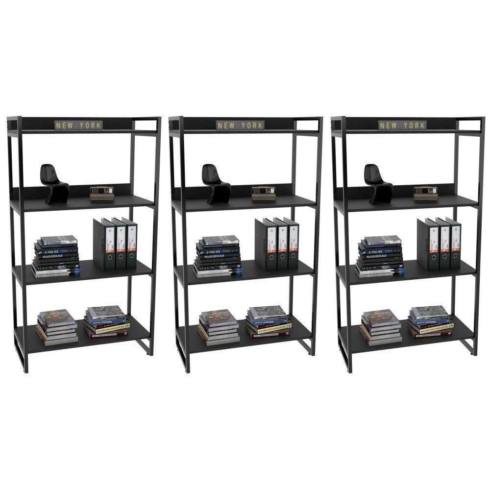 Kit 3 Estantes Livreiro Multi Prisma 80Cm 4 Prateleiras Preto Onix - 1
