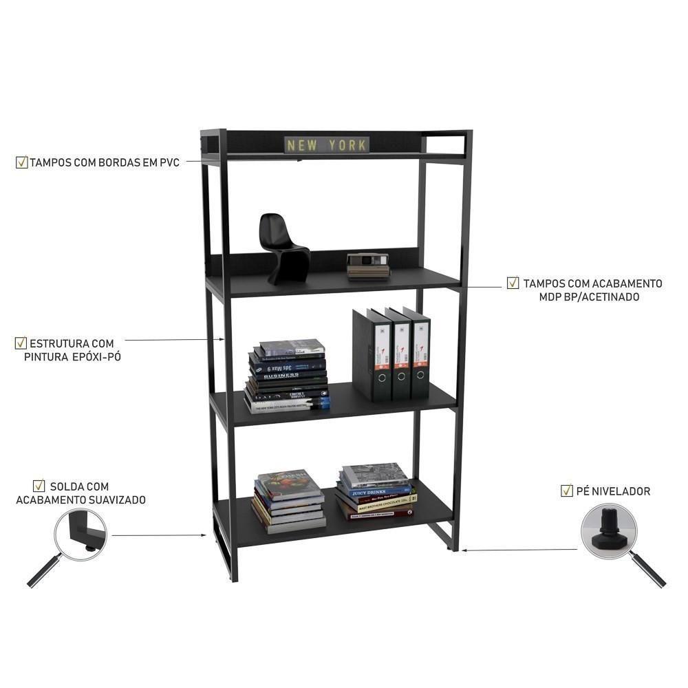 Kit 3 Estantes Livreiro Multi Prisma 80Cm 4 Prateleiras Preto Onix - 4