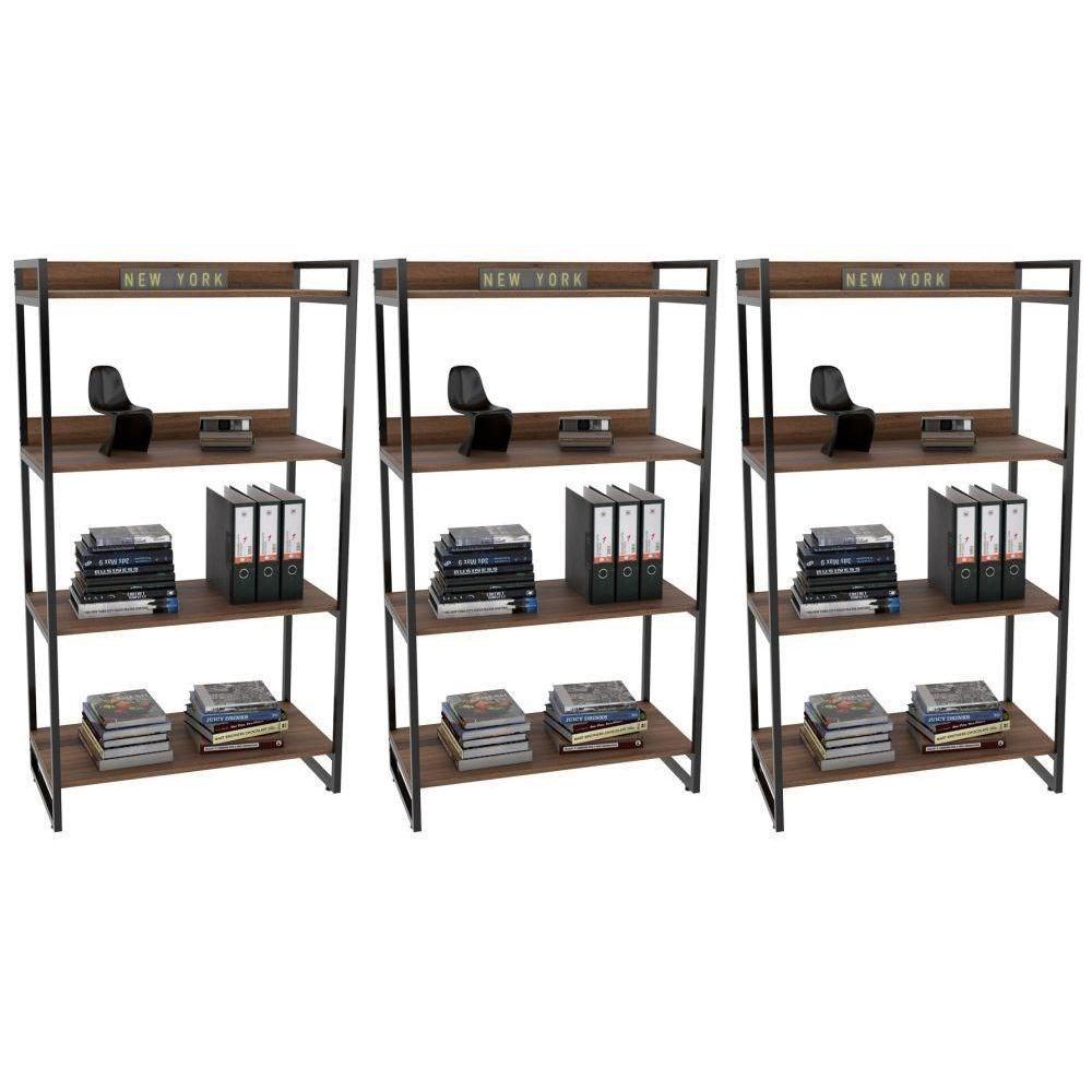 Kit 3 Estantes Livreiro Multi Prisma Estilo Industrial 80Cm 4 Prateleiras C08 Nogal - Mpozenato - 1