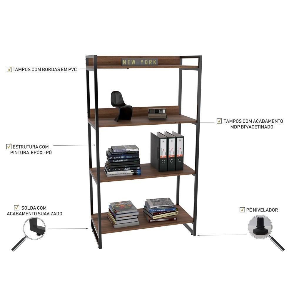 Kit 3 Estantes Livreiro Multi Prisma Estilo Industrial 80Cm 4 Prateleiras C08 Nogal - Mpozenato - 4