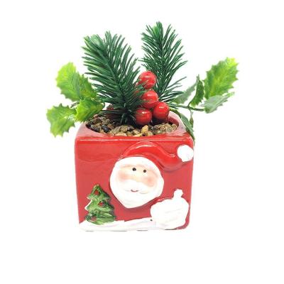 Vaso De Natal Cerâmica Papai Noel Com Planta Artificial
