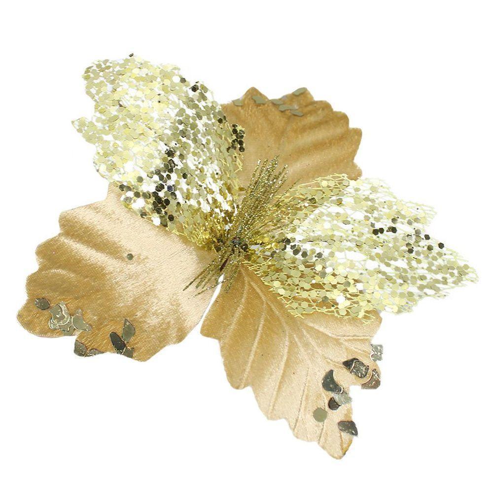 Kit 2 Flor De Natal Dourada Artificial Com Brilho 19cm - 1
