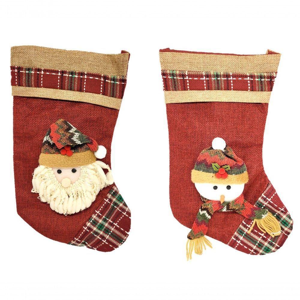 Kit Bota Natalina Tecido Vinho E Xadrez 35cm Papai Noel E Boneco De Neve - Master Christmas - 1