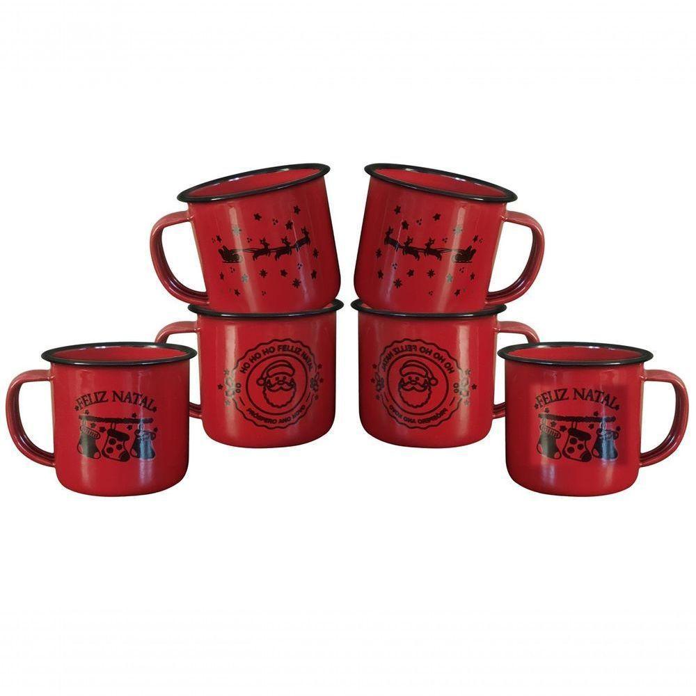 Jogo Caneca Esmaltada ágata Vermelho Decor Natal 150ml 6 Un - 1