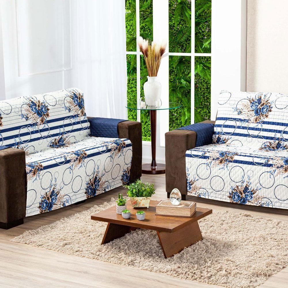 Protetor Sofa Estampado Isabela 2 E 3 Lugares - Floral Azul Marinho - 1