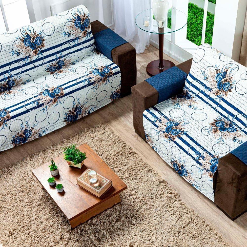 Protetor Sofa Estampado Isabela 2 E 3 Lugares - Floral Azul Marinho - 3