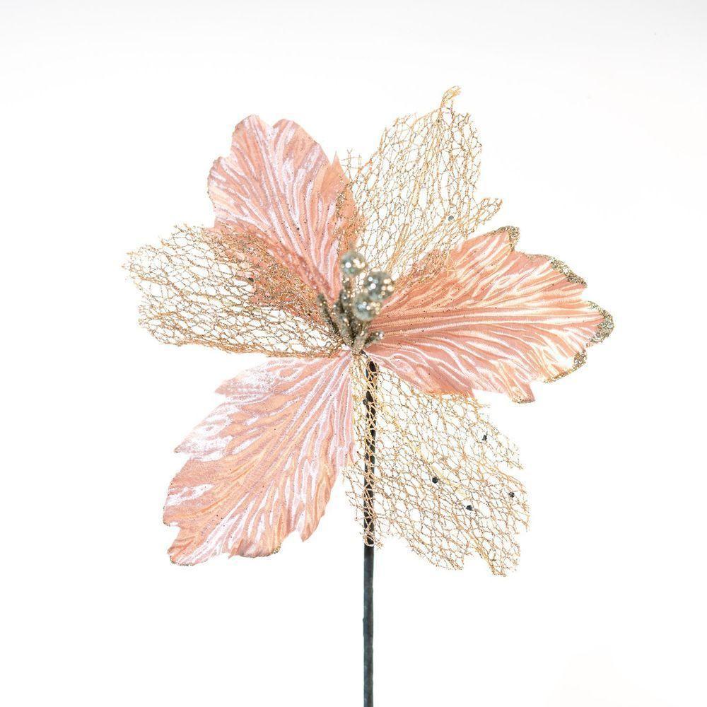 Flor Rosa Decoração De Natal Artificial Glitter 30cm - 1