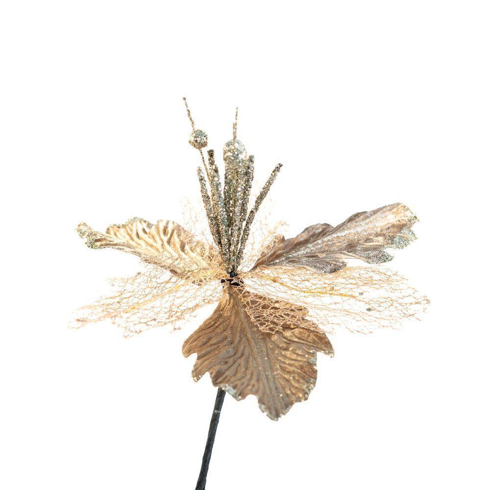 Kit 2 Flor Dourada Decoração Natal Artificial Glitter 30cm - 2