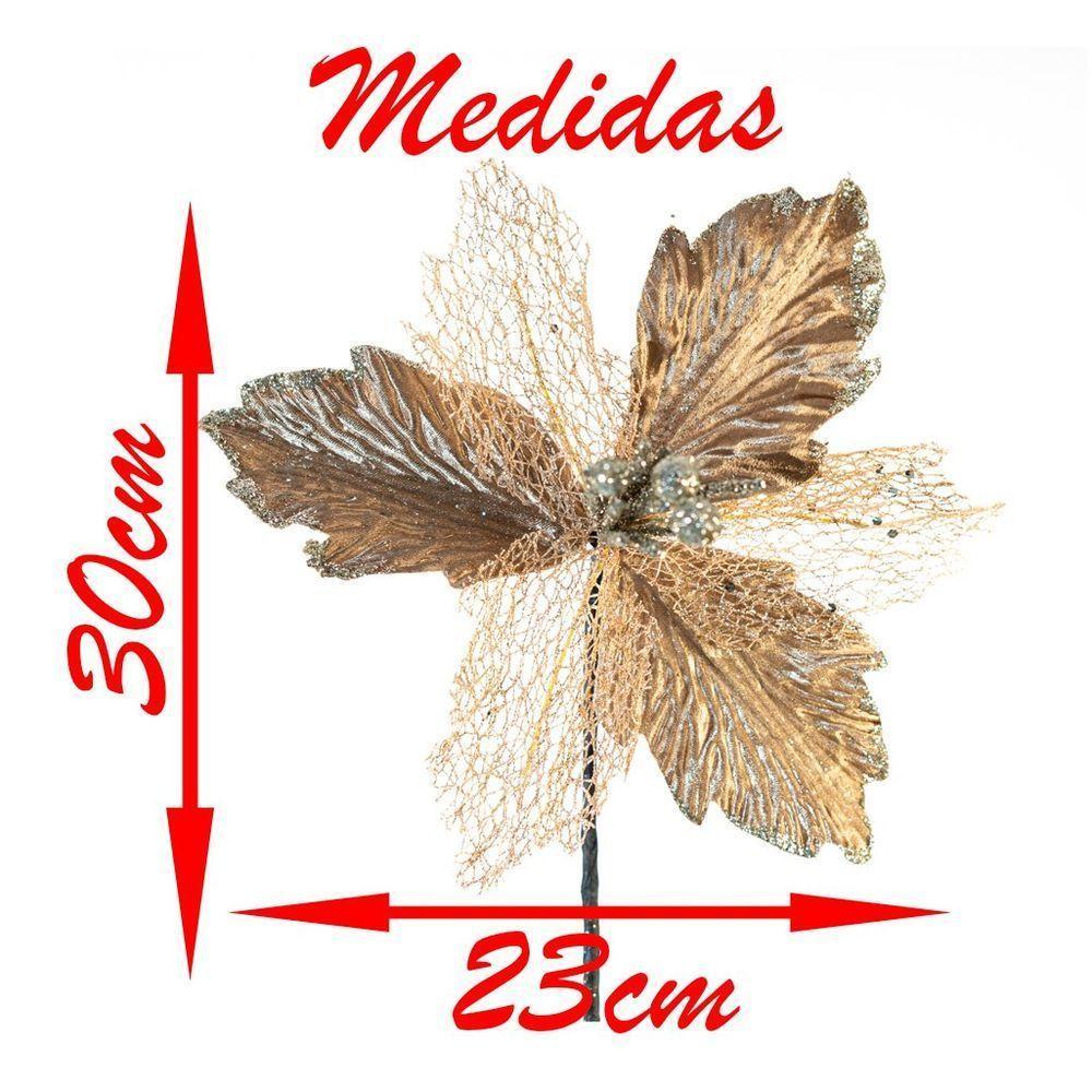 Kit 2 Flor Dourada Decoração Natal Artificial Glitter 30cm - 3