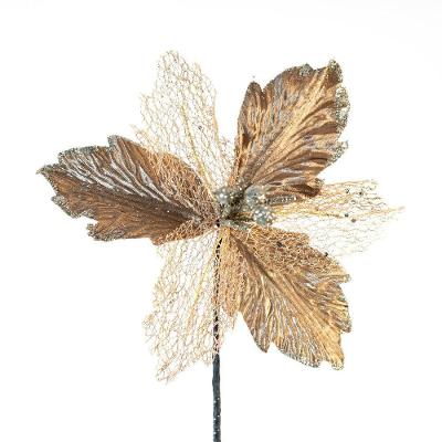 Kit 6 Flor Dourada Decoração Natal Artificial Glitter 30cm
