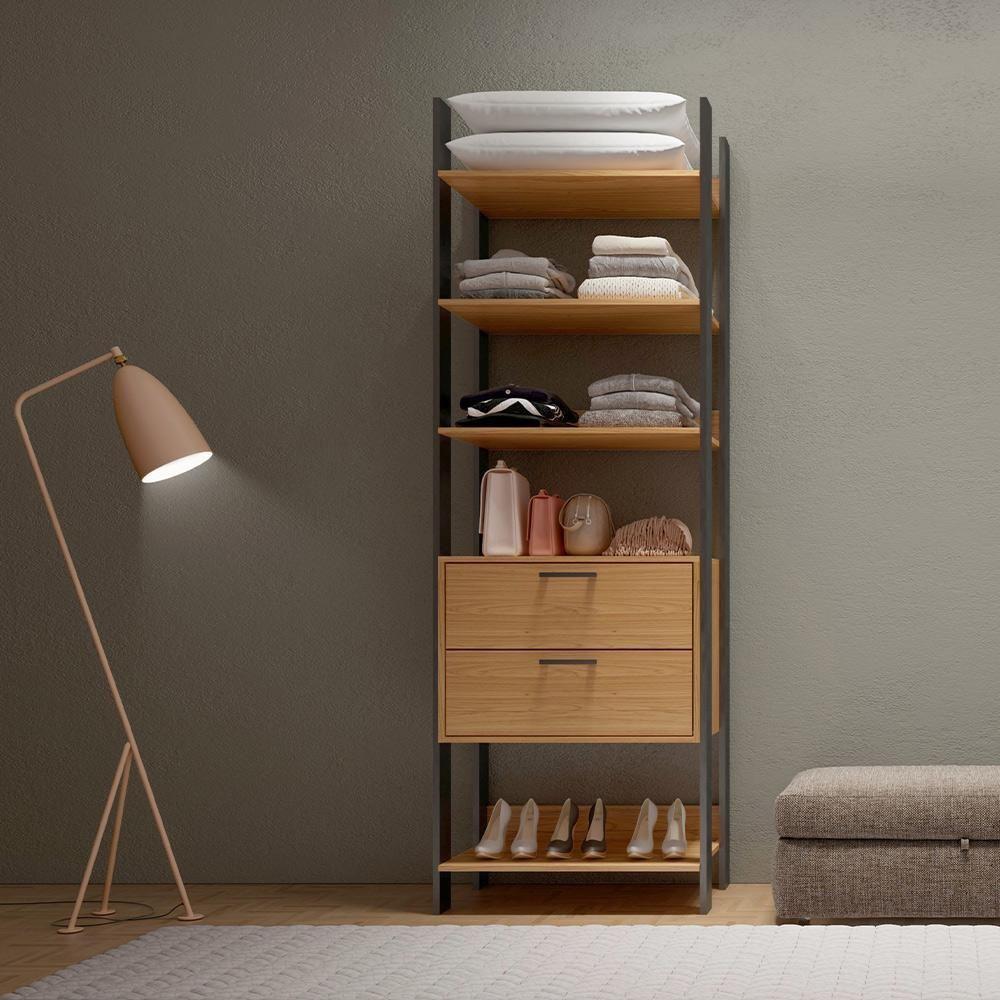 Closet Guarda Roupa 05 Prateleiras Modulado 02 Gavetas 220x73 Cm Leaf D03 Freijó Preto - Lyam Decor - 3