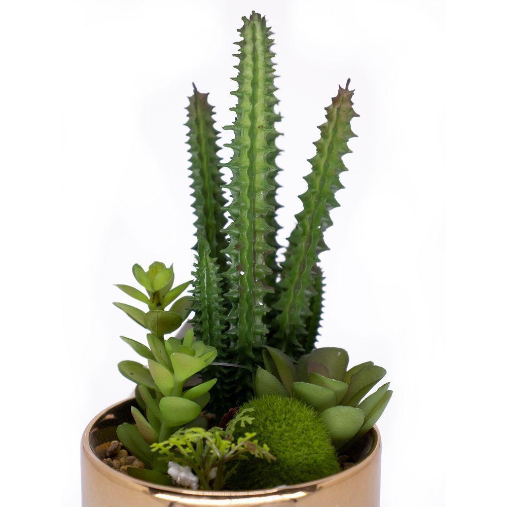 Vaso Decorativo Dourado Com Cactos E Suculenta Artificial 19x8 Cm F04 - D'rossi - 2