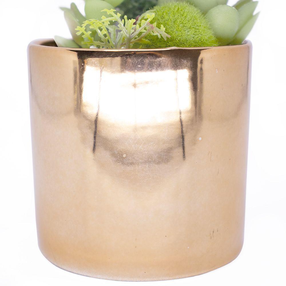 Vaso Decorativo Dourado Com Cactos E Suculenta Artificial 19x8 Cm F04 - D'rossi - 4
