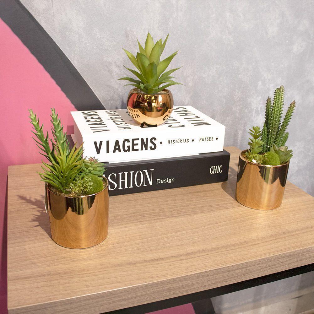 Vaso Decorativo Dourado Com Cactos E Suculenta Artificial 19x8 Cm F04 - D'rossi - 5