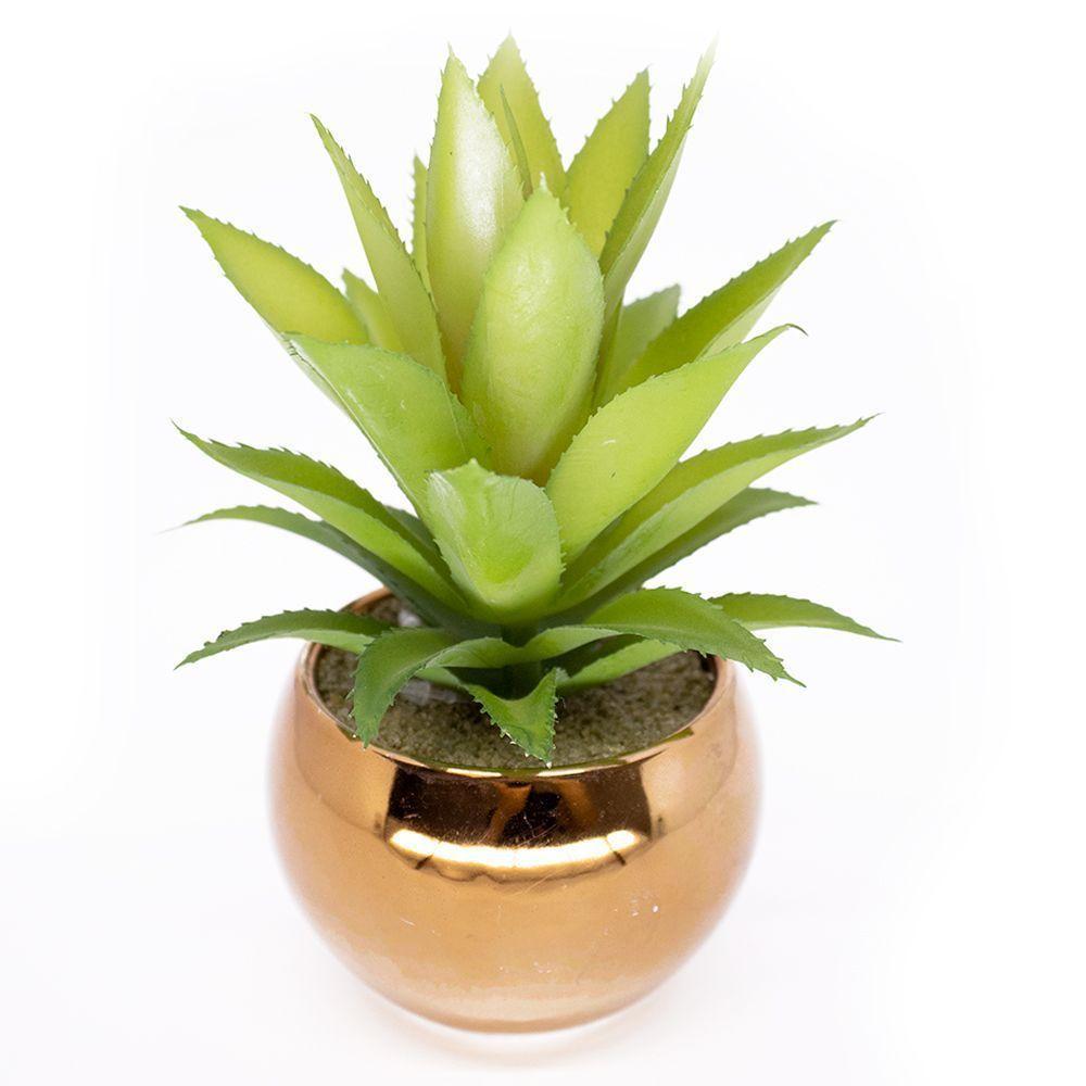 Vaso Decorativo Dourado Com Suculenta Artificial Aloe Vera Mini 16x8 Cm F04 - D'rossi - 1