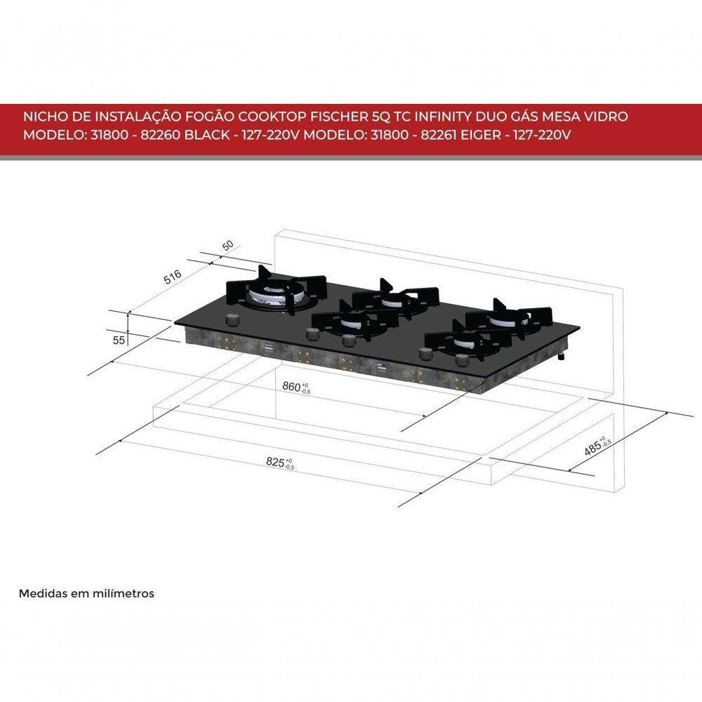 Fogão Cooktop Fischer 5q Tc Infinity Duo Blaze Gás Mesa Vidro 31800 Bivolt - 2