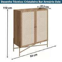 Cristaleira Bar Armário Alto Oslo Artesano 93 Cm (Largura) Mdp Mel Palha  Base Metal - 3