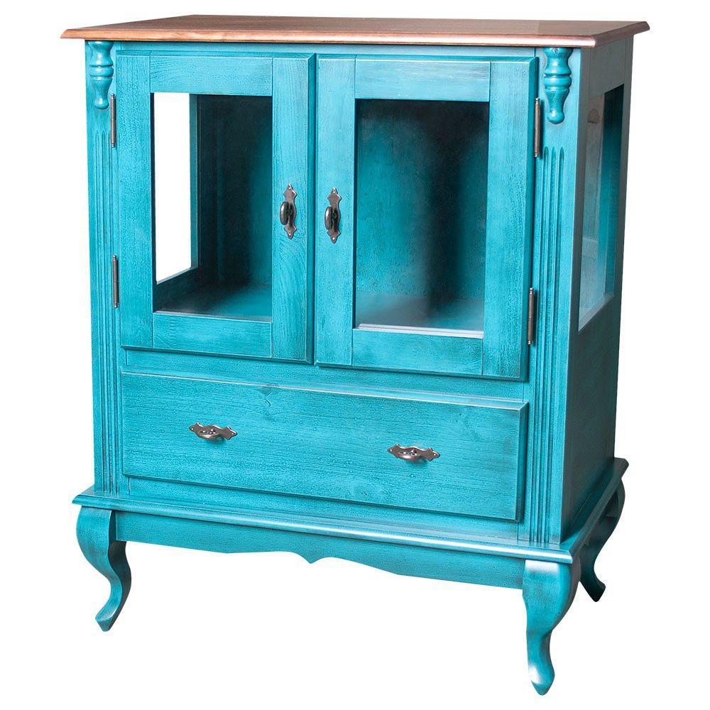 Cristaleira Com 2 Portas de Vidro e 1 Gaveta Azul Bebê - 1