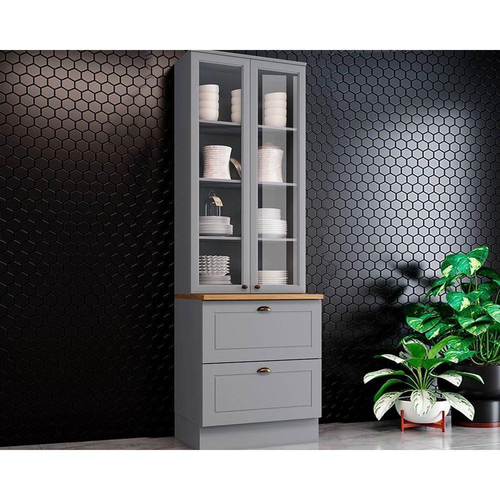 Módulo Cozinha Henn Americana Cristaleira C- 2 Portas (2 C-vidro) C- 2 Gavetas 71,5cm Cinza-nature - 1