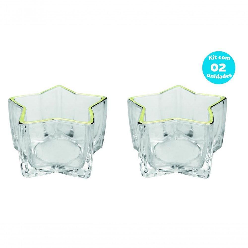 Jogo 2 Porta Velas Castiçal Estrela Vidro Borda Dourada - 3