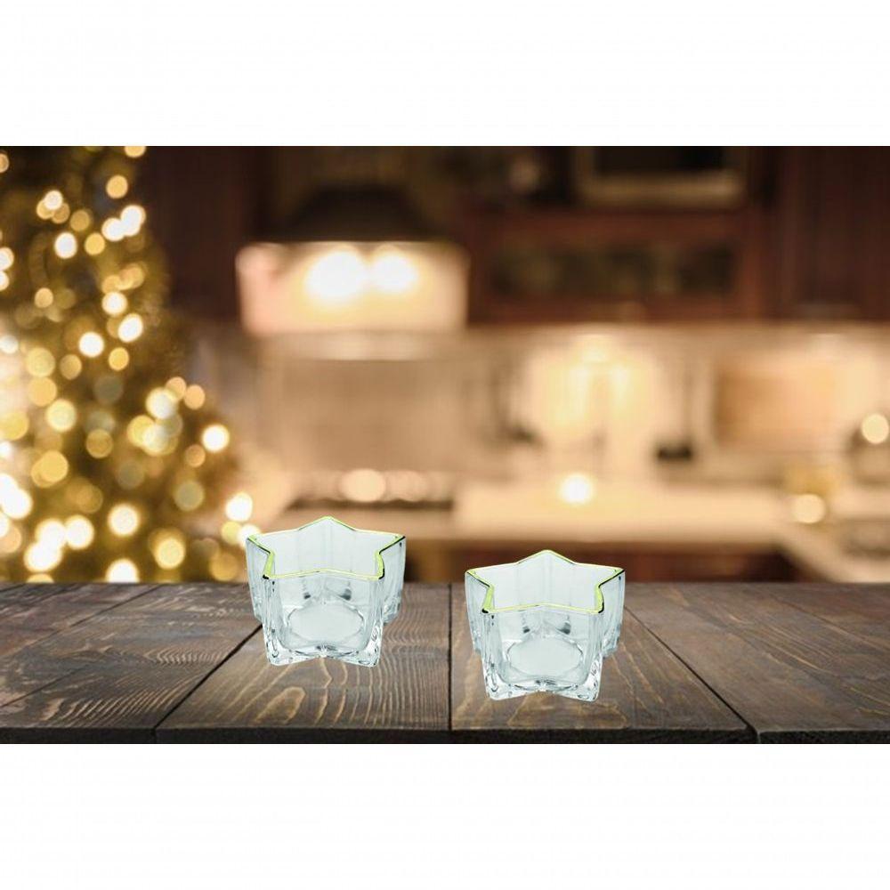 Jogo 2 Porta Velas Castiçal Estrela Vidro Borda Dourada - 4