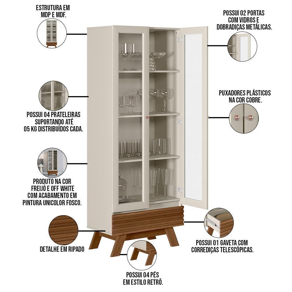 Cristaleira 2 Portas 1 Gaveta Geórgia Off White Freijó - 4