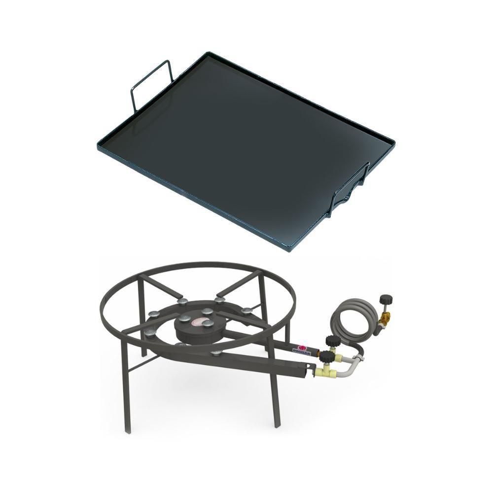 Kit Camping 7 - Fogareiro Fogão F2b10 Redondo 40cm Duplo De Mesa + Chapa Bifeteira 50cm - Progás - 1