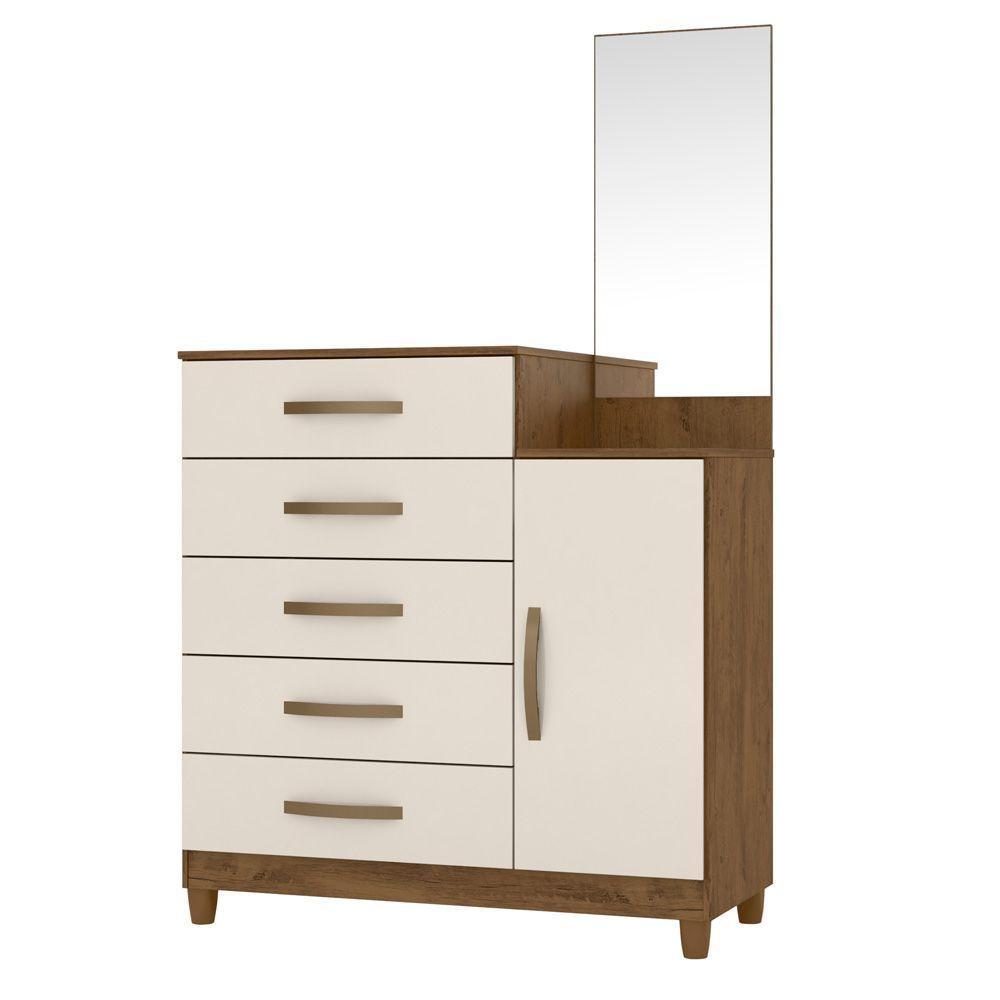 Cômoda 5 Gavetas E 1 Porta C/Espelho Castanho Baunilha - 1