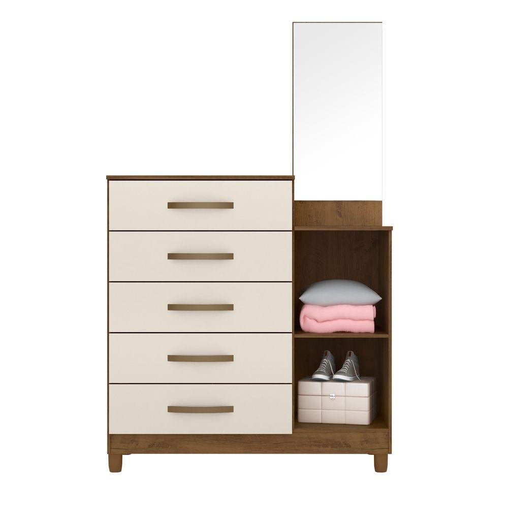 Cômoda 5 Gavetas E 1 Porta C/Espelho Castanho Baunilha - 3
