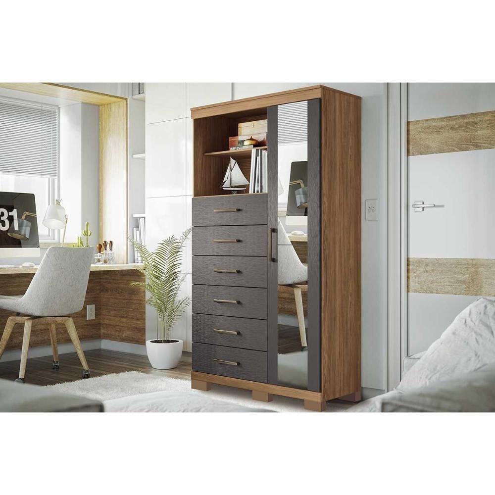 Cômoda Solteiro Marabá 1.6 c/ 1 Porta 2 Nichos e 6 Gavetas c/ Espelho e Pés Jatoba/Grafitte - Santos Andirá - 1