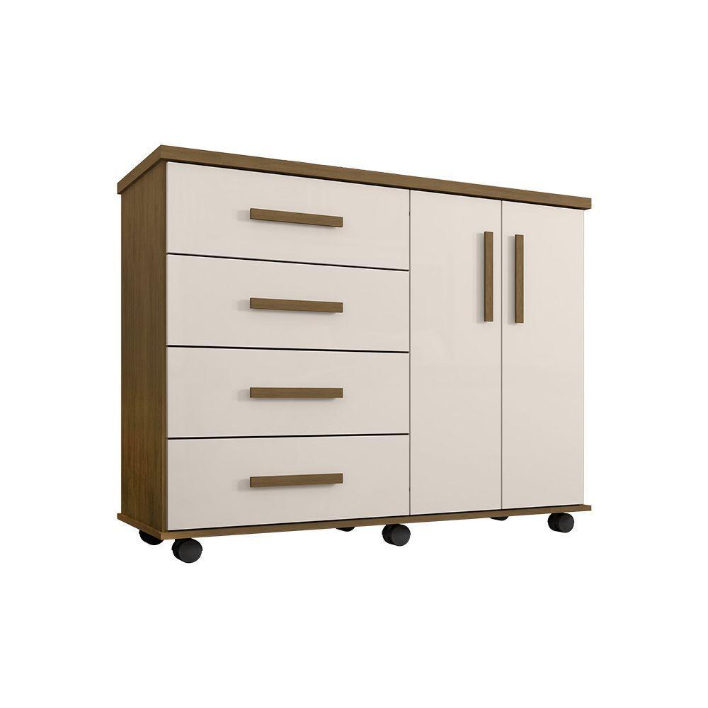 Cômoda Geval Encanto Com 04 Gavetas 02 Portas E Rodízios - Amêndoa/Off White - Cor: Bege - 3