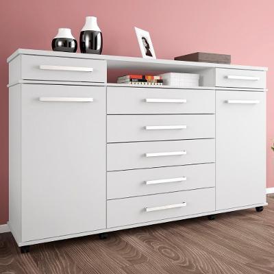 Cômoda London 7 Gavetas em MDF Brilhante com Portas para Quarto Branco