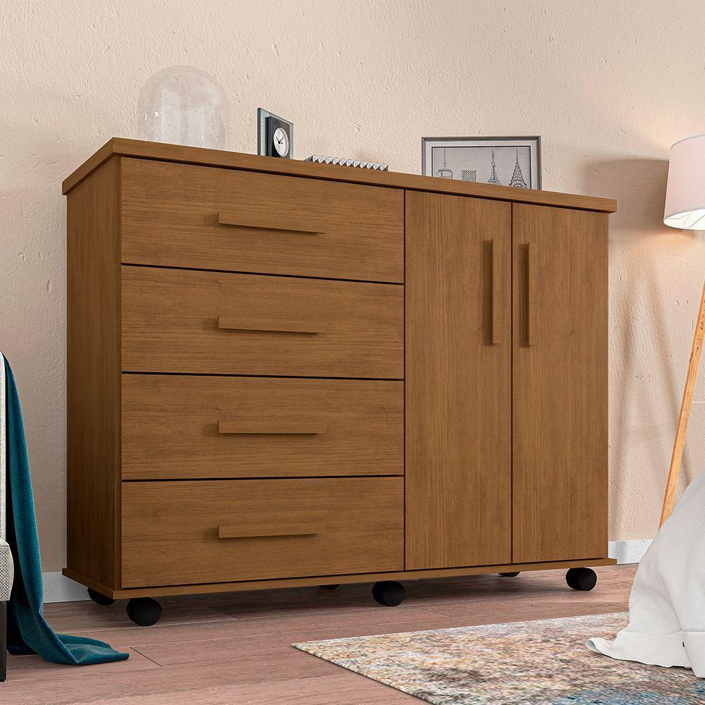 Cômoda Geval Encanto Com 04 Gavetas 02 Portas E Rodízios - Amêndoa - Cor: Marrom - 1